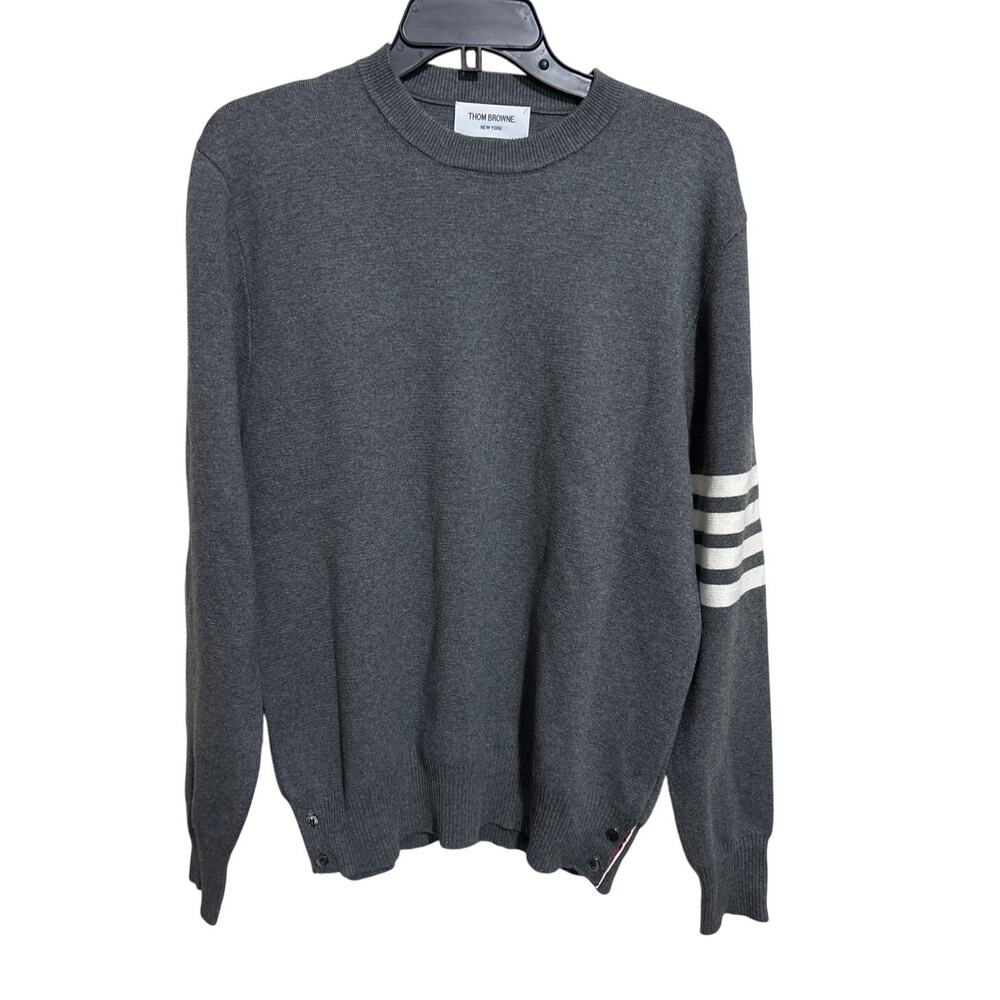 Thom Browne Gray Crewneck Sweater with White Stripes